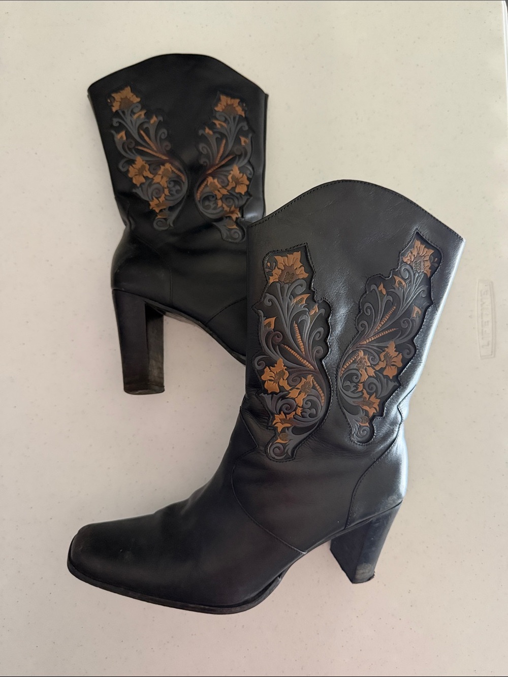 Classic Black Western Heel Boots with Brown Floral Design